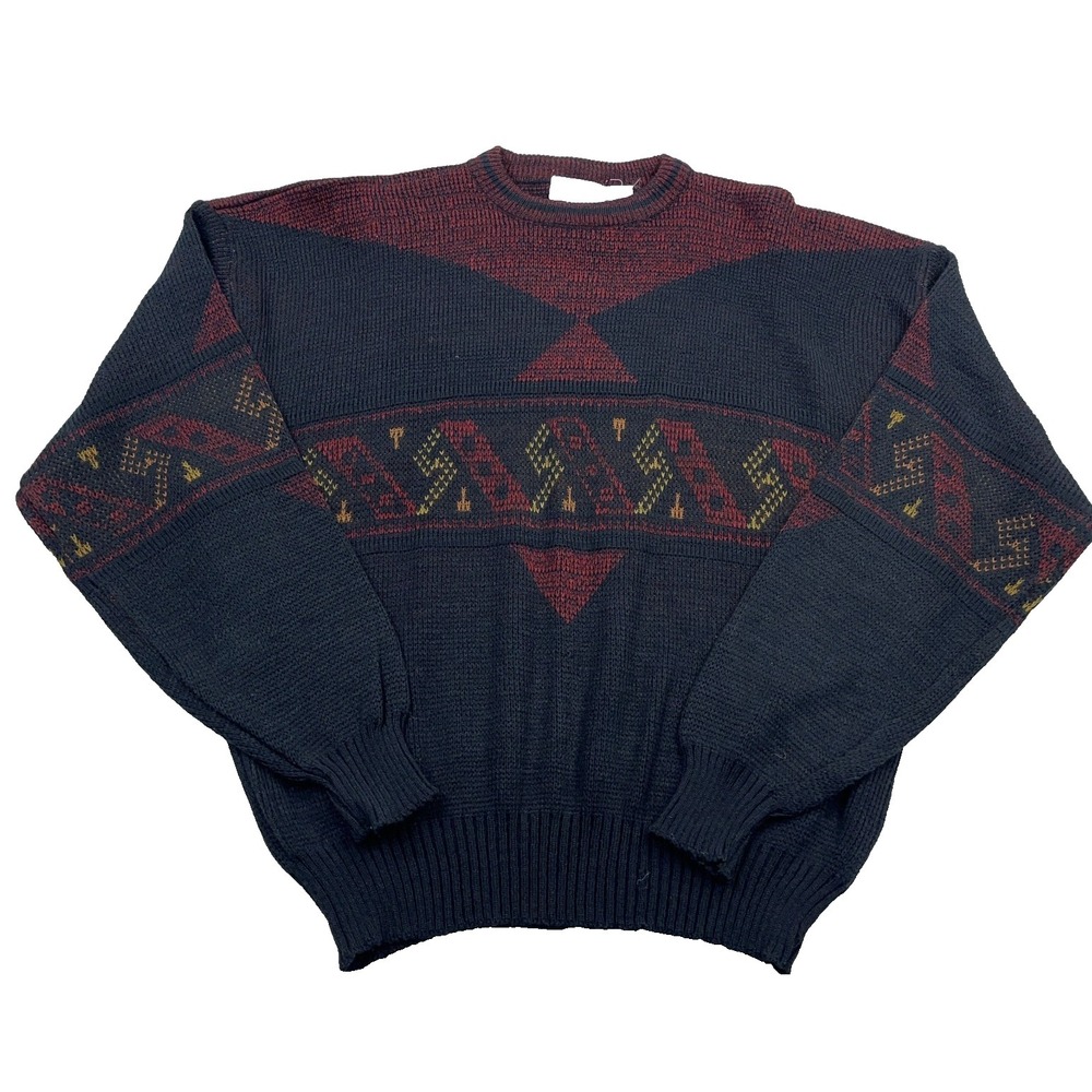 Vintage Grandpa Sweater Mens 3XB Black Red Geometric Crewneck 80s 90s Cosby